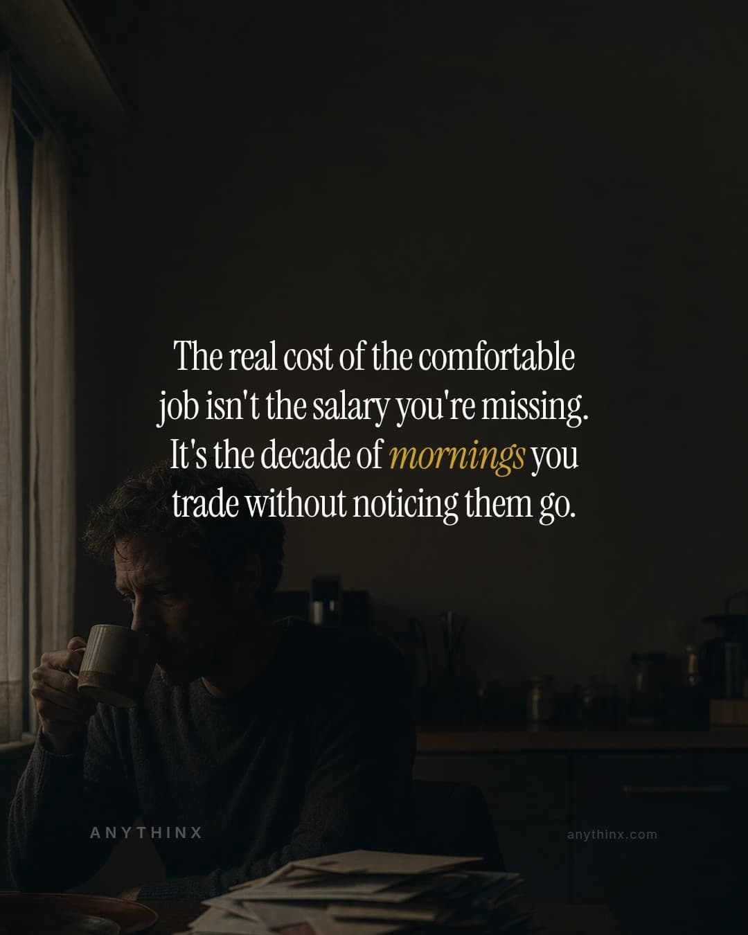 The real cost of the comfortable job isn't the salary you're missing. It's the decade of mornings you trade without noticing them go.